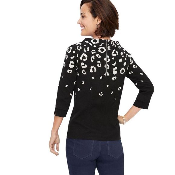 Talbots JACQUARD OMBRÉ TOP LEOPARD PRINT Size Medium Holiday Black White - Picture 2 of 8